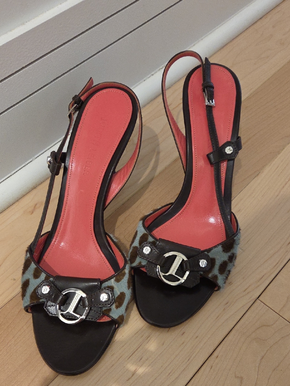 Judith Leiber Brown And Bue Slingback Sandals with Calf Hair Leopard Accent